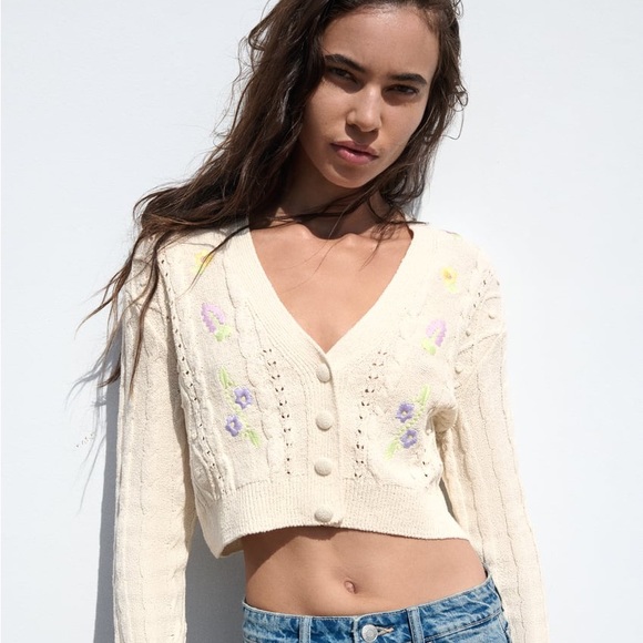NWT Zara Floral Embroidered Cropped Knit Cardigan - 4331/082 - Picture 4 of 10